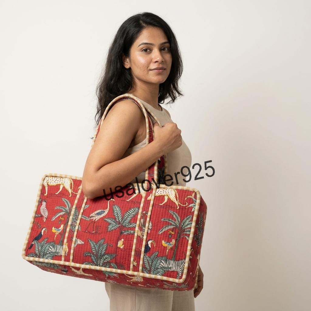 Quilted Cotton Mahjong Tile Bag: Red Jungle Animal Print Travel Tote