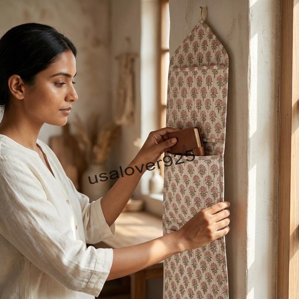 Quilted Cotton Wall Hanging Organizer – Soft Pink Floral 3 Pocket Door Storage Caddy