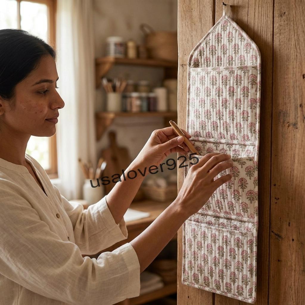 Quilted Cotton Wall Hanging Organizer – Soft Pink Floral 3 Pocket Door Storage Caddy