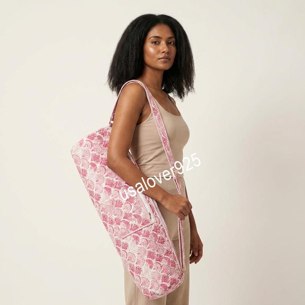 Hand Block Print Cotton Yoga Mat Bag: Pink Fan Scallop Carrier Sling Holder