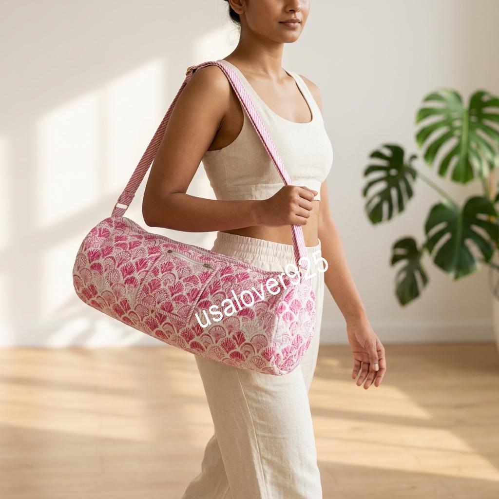 Hand Block Print Cotton Yoga Mat Bag: Pink Fan Scallop Carrier Sling Holder