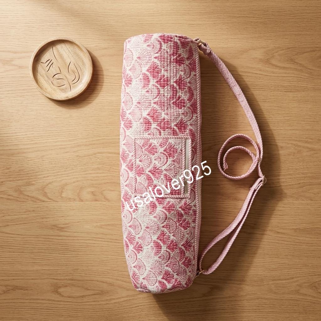 Hand Block Print Cotton Yoga Mat Bag: Pink Fan Scallop Carrier Sling Holder