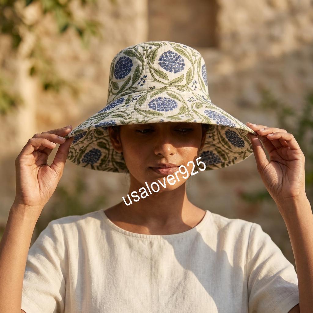Handmade Cotton Sun Hat, Blue Floral Block Print Wide Brim Bucket Hat