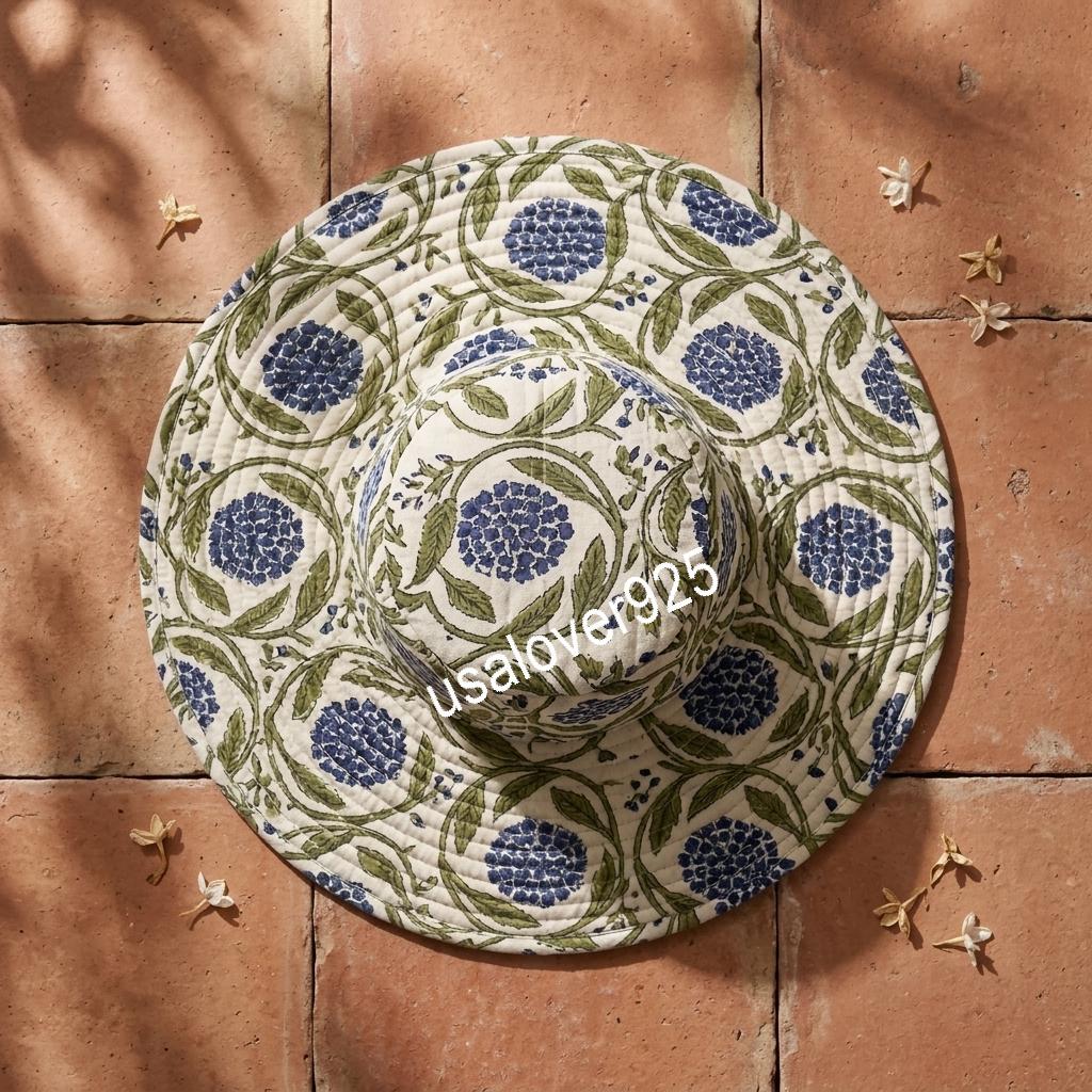Handmade Cotton Sun Hat, Blue Floral Block Print Wide Brim Bucket Hat