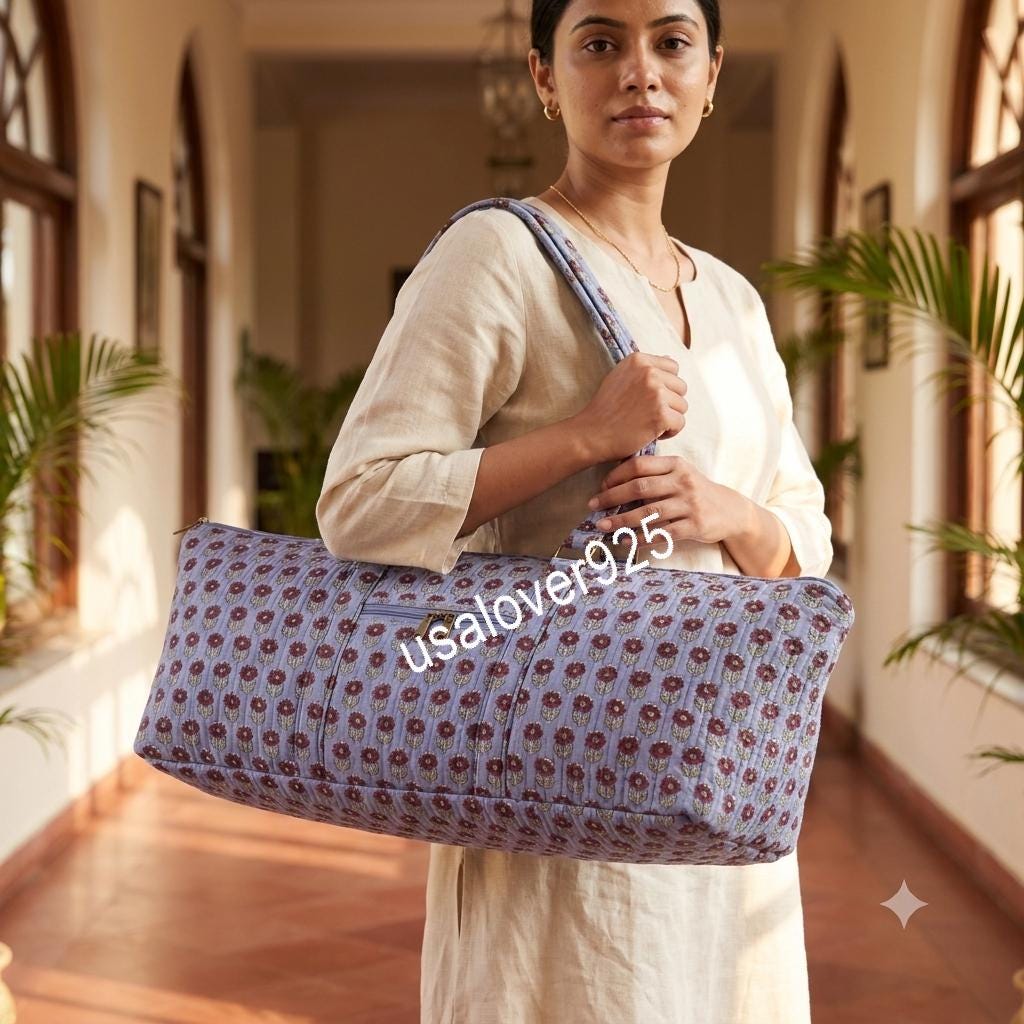 Quilted Yoga Mat Bag, Purple Floral Block Print Duffle, Handmade Cotton Travel Tote