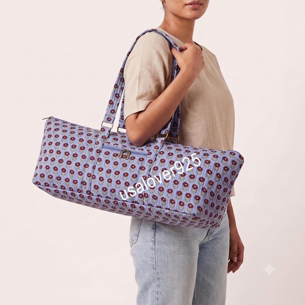 Quilted Yoga Mat Bag, Purple Floral Block Print Duffle, Handmade Cotton Travel Tote