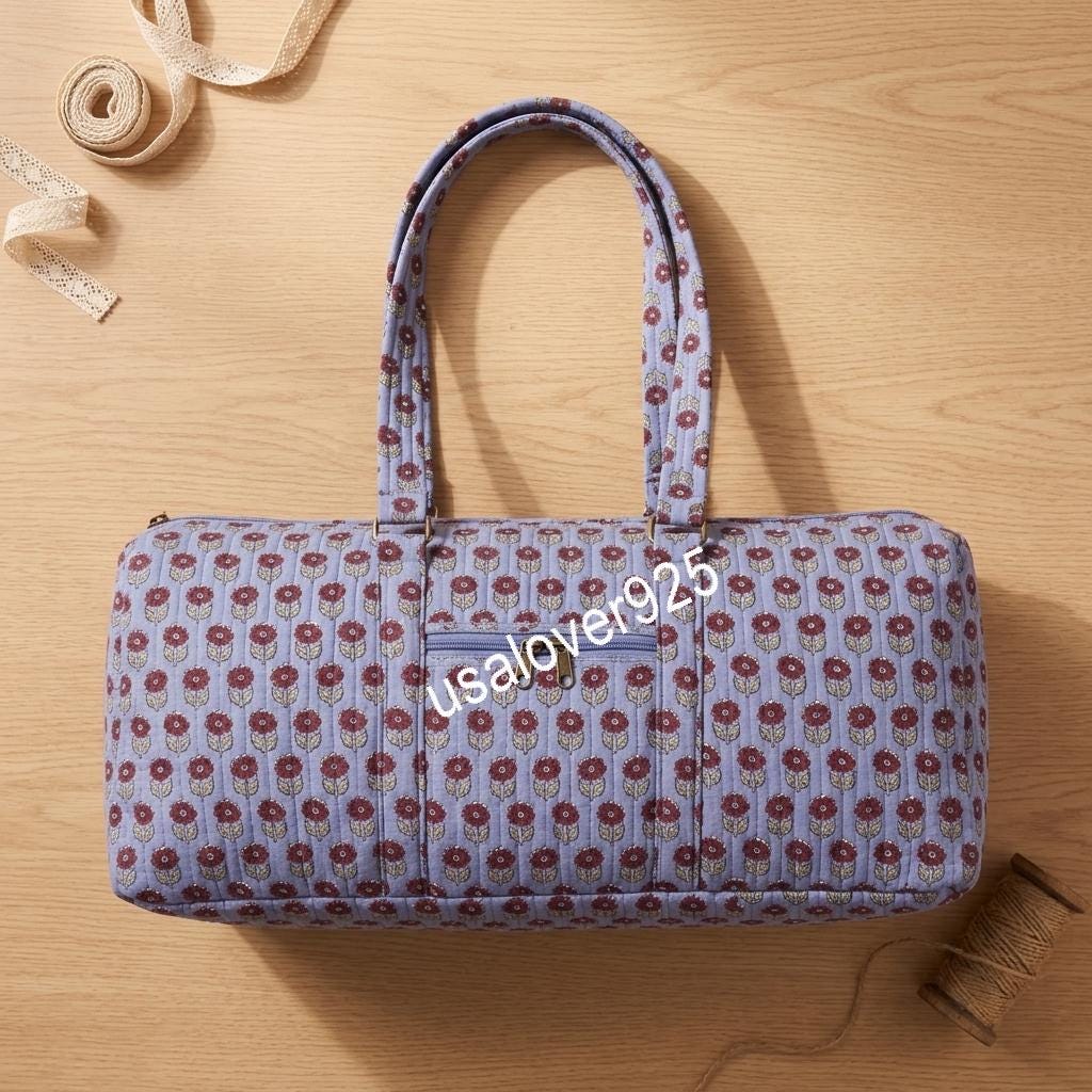 Quilted Yoga Mat Bag, Purple Floral Block Print Duffle, Handmade Cotton Travel Tote