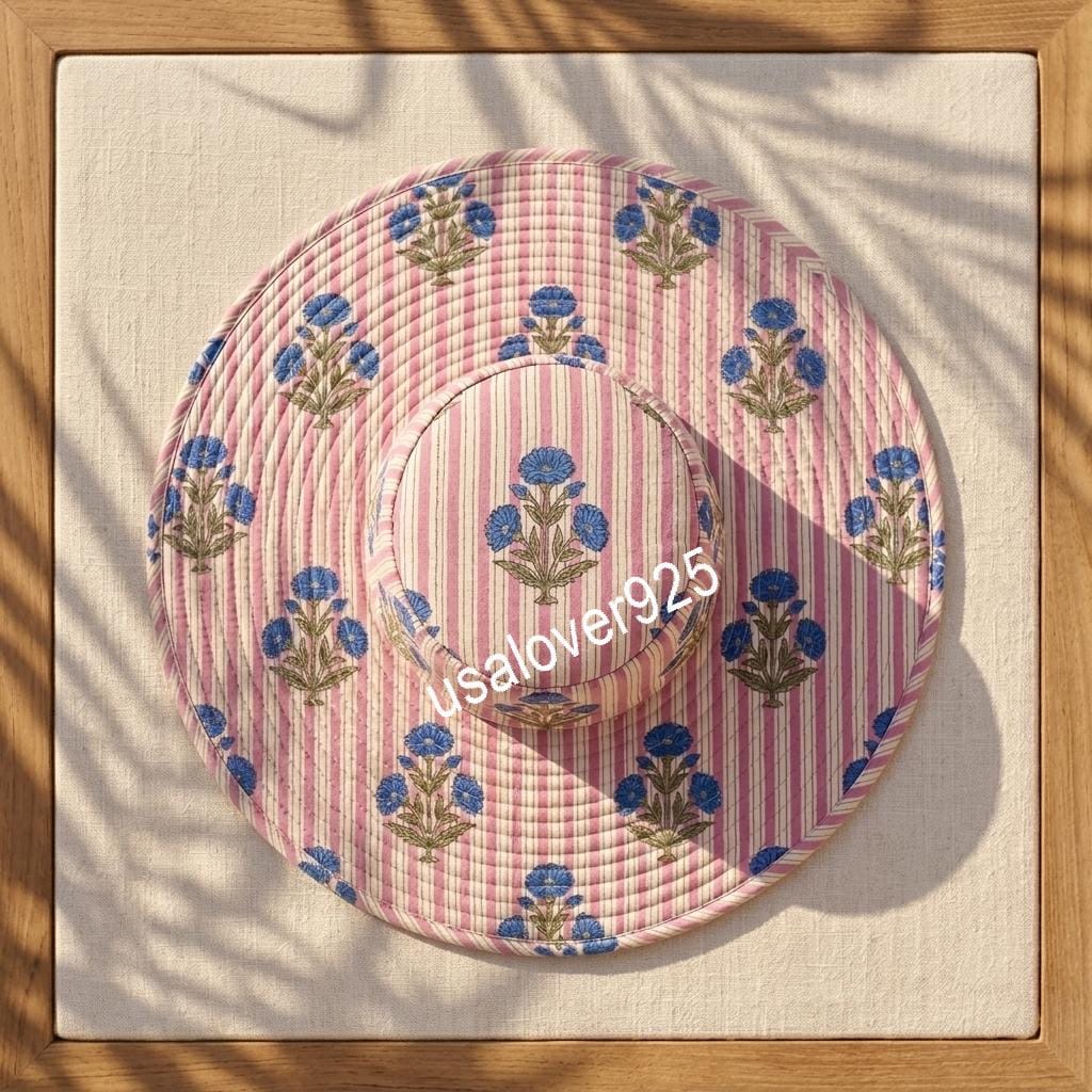 Handmade Cotton Sun Hat, Pink Stripe Blue Floral Block Print Bucket Hat