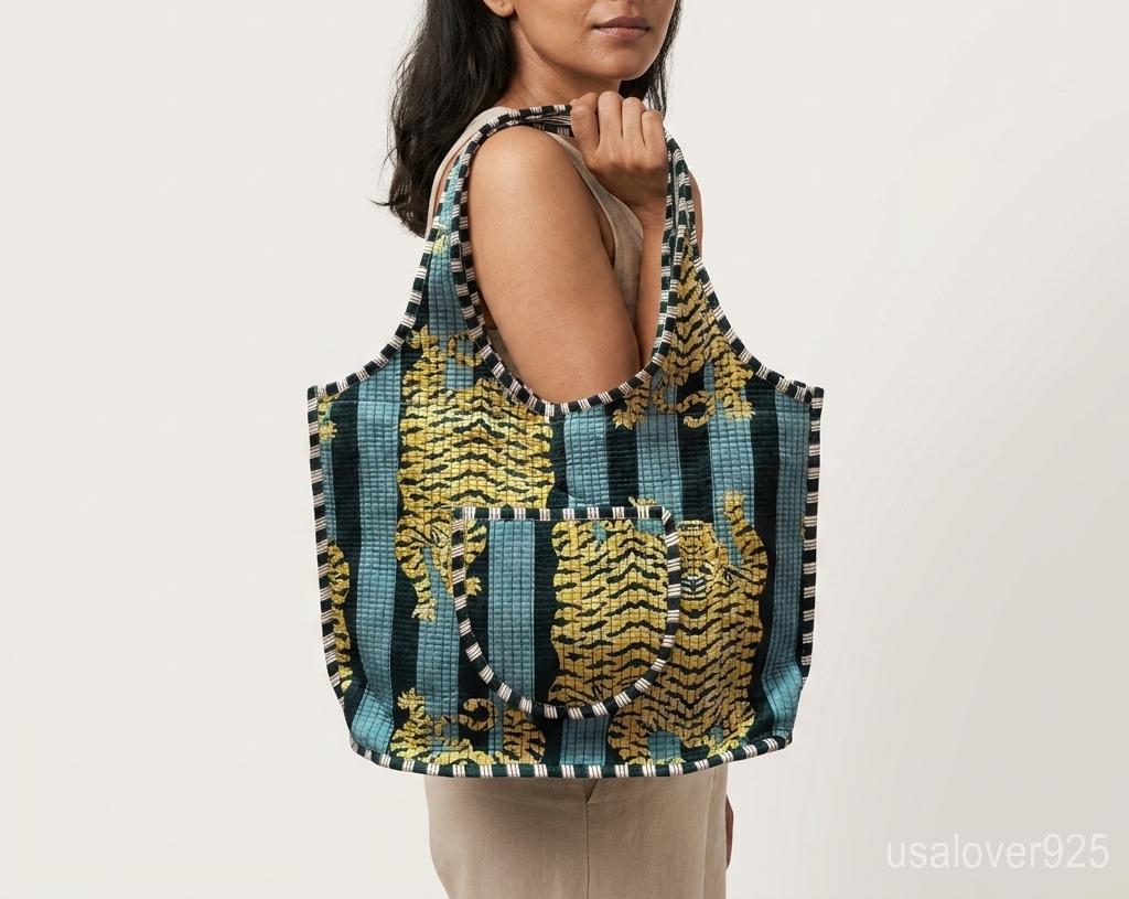 Handmade Quilted Cotton Tote Bag – Teal Tiger Print Scoop Shoulder Bag
