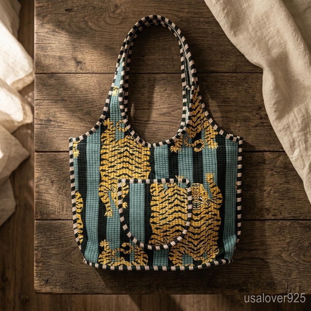 Handmade Quilted Cotton Tote Bag – Teal Tiger Print Scoop Shoulder Bag