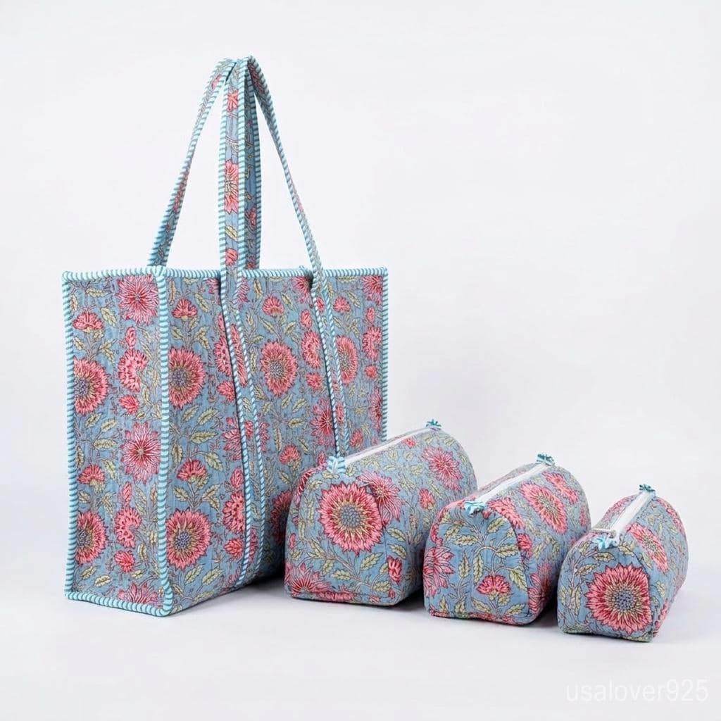4 Pc Quilted Cotton Tote Bag Set – Blue Pink Floral Shoulder Bag & Cosmetic Pouches