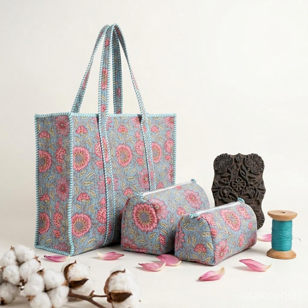 4 Pc Quilted Cotton Tote Bag Set – Blue Pink Floral Shoulder Bag & Cosmetic Pouches
