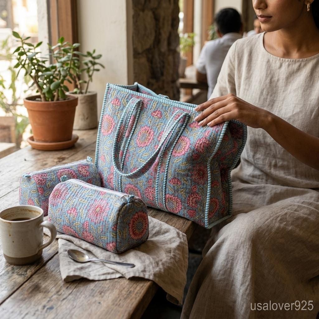 4 Pc Quilted Cotton Tote Bag Set – Blue Pink Floral Shoulder Bag & Cosmetic Pouches