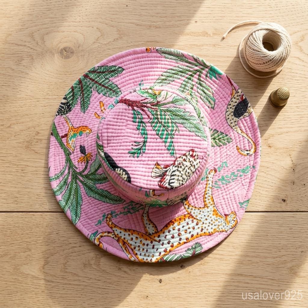 Handmade Quilted Cotton Sun Hat – Pink Safari Animal Print Bucket Hat