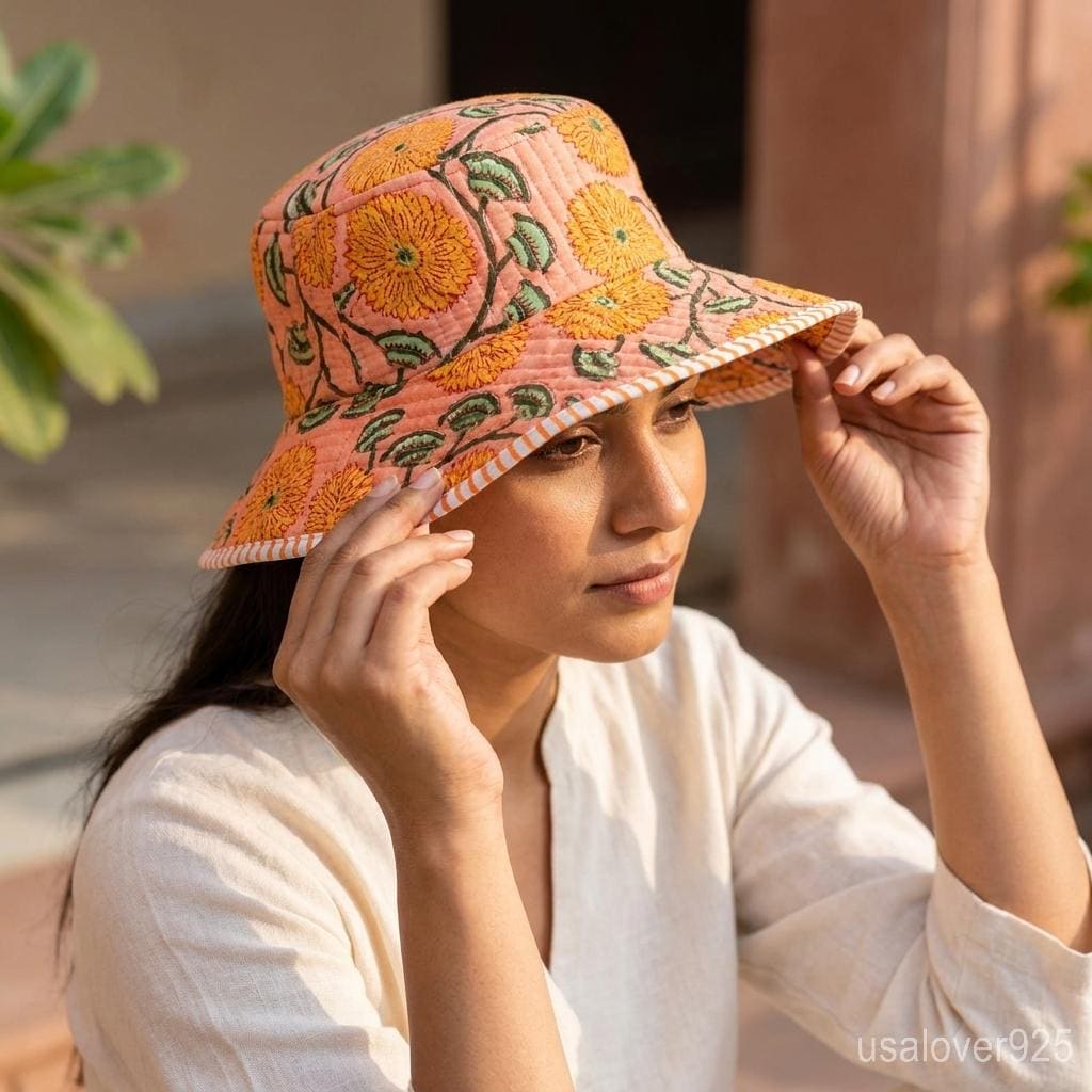 Handmade Quilted Cotton Sun Hat – Peach Floral Print Wide Brim Bucket Hat