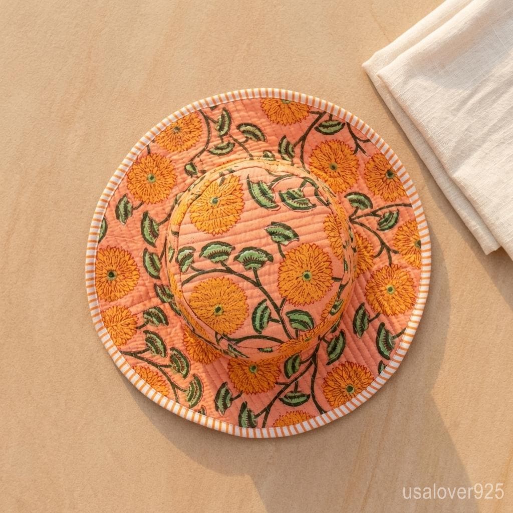 Handmade Quilted Cotton Sun Hat – Peach Floral Print Wide Brim Bucket Hat