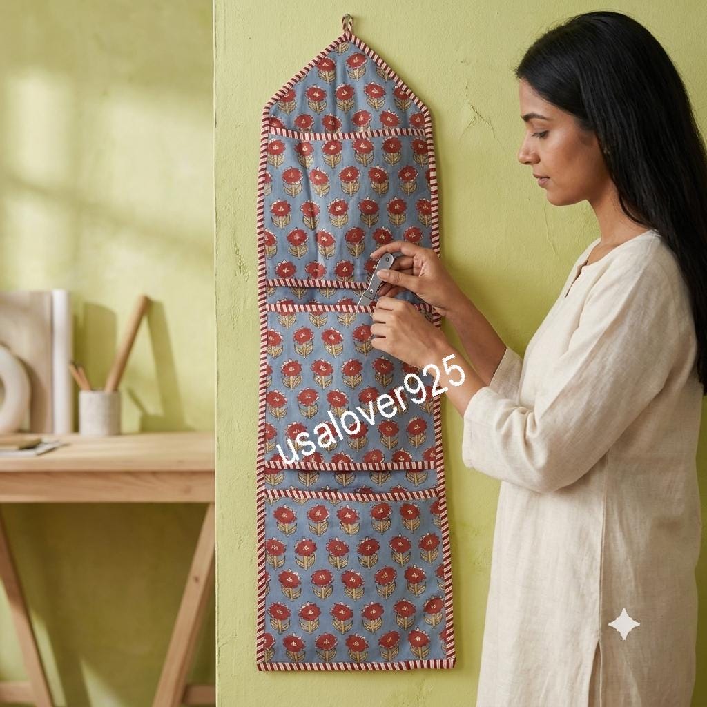 Floral Quilted Cotton Wall Organizer, 3-Pocket Hanging Storage for Small Space Decor