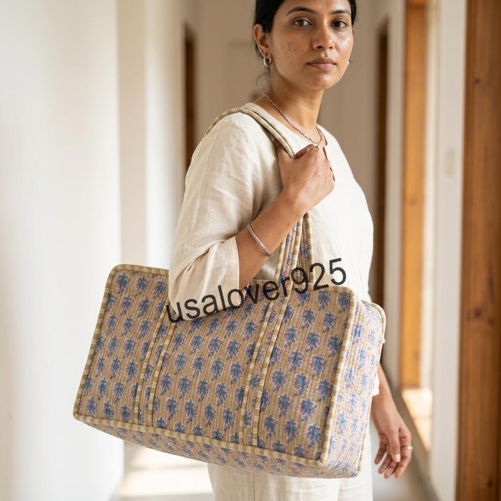 Mahjong Tile Bag, Quilted Mustard Yellow Floral Block Print Carrier, Handmade Cotton Travel Tote