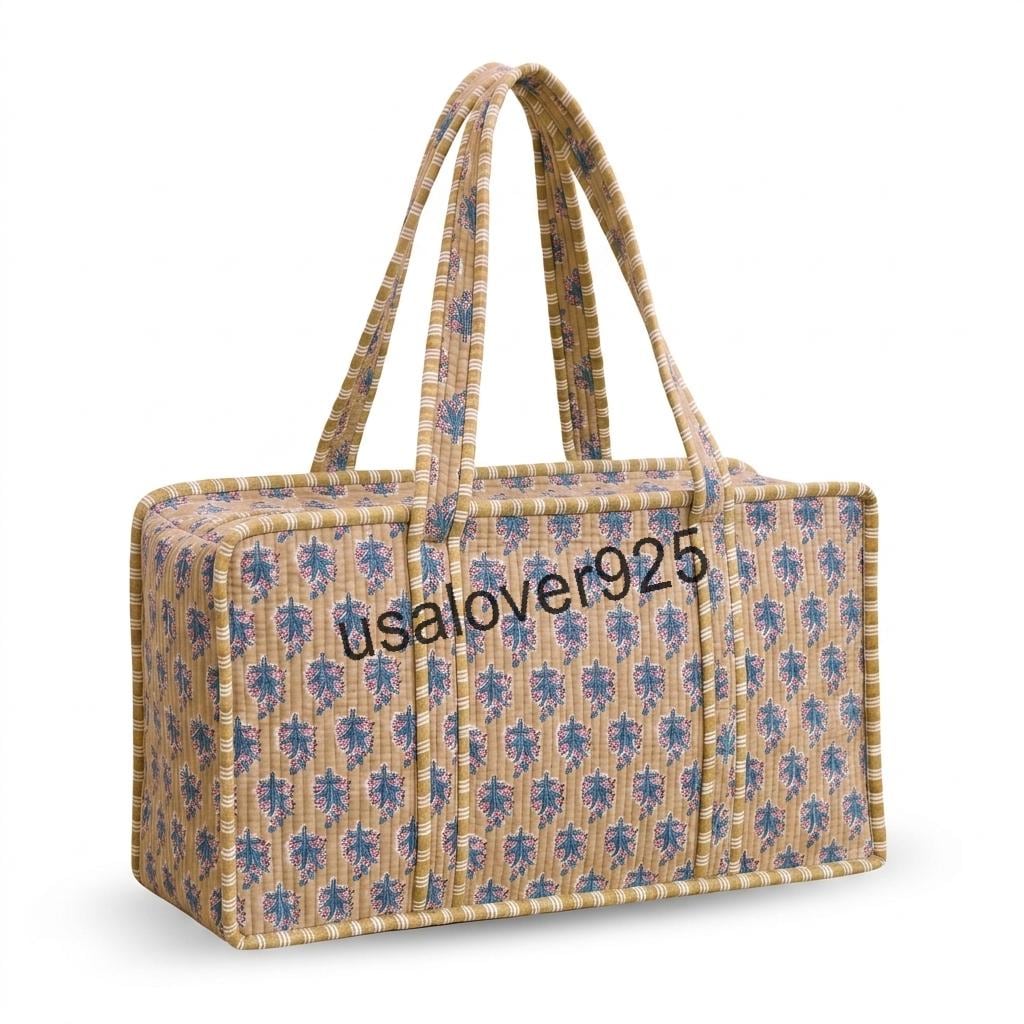 Mahjong Tile Bag, Quilted Mustard Yellow Floral Block Print Carrier, Handmade Cotton Travel Tote