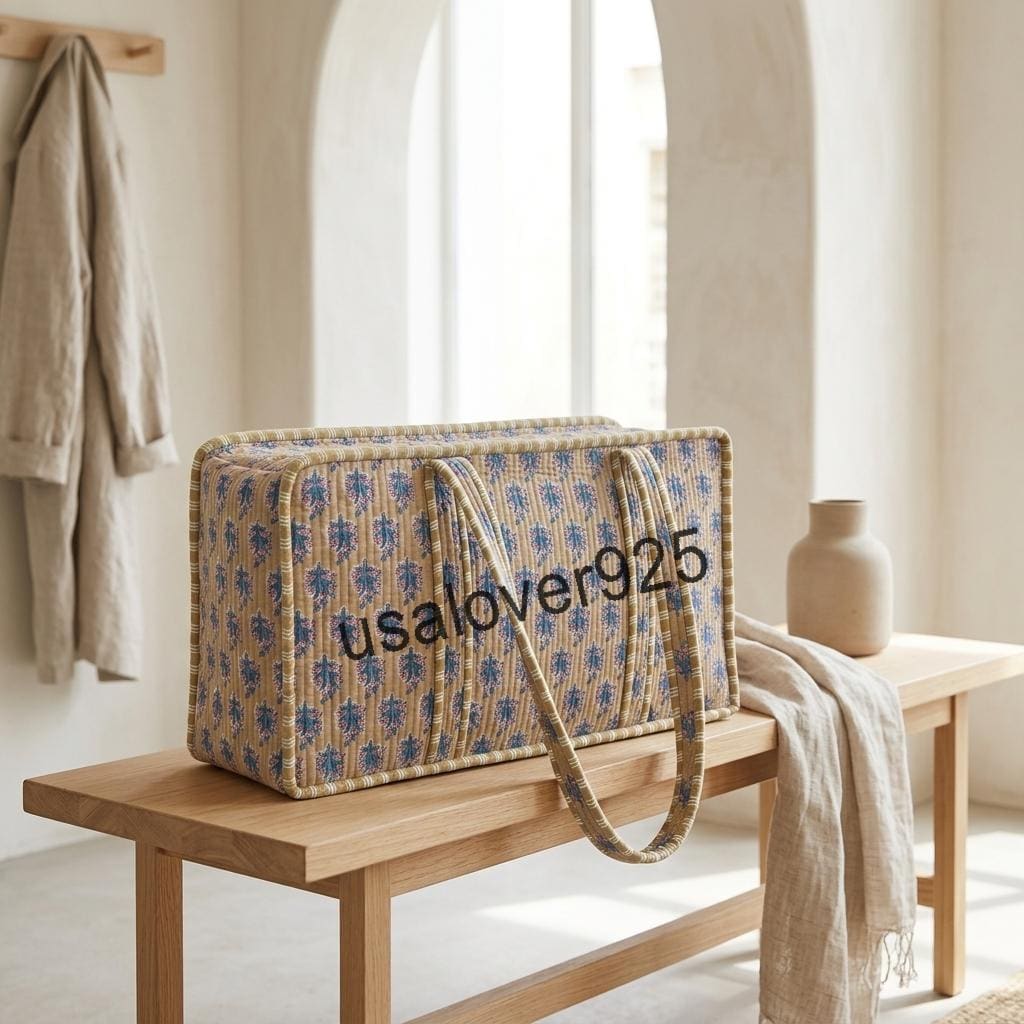 Mahjong Tile Bag, Quilted Mustard Yellow Floral Block Print Carrier, Handmade Cotton Travel Tote