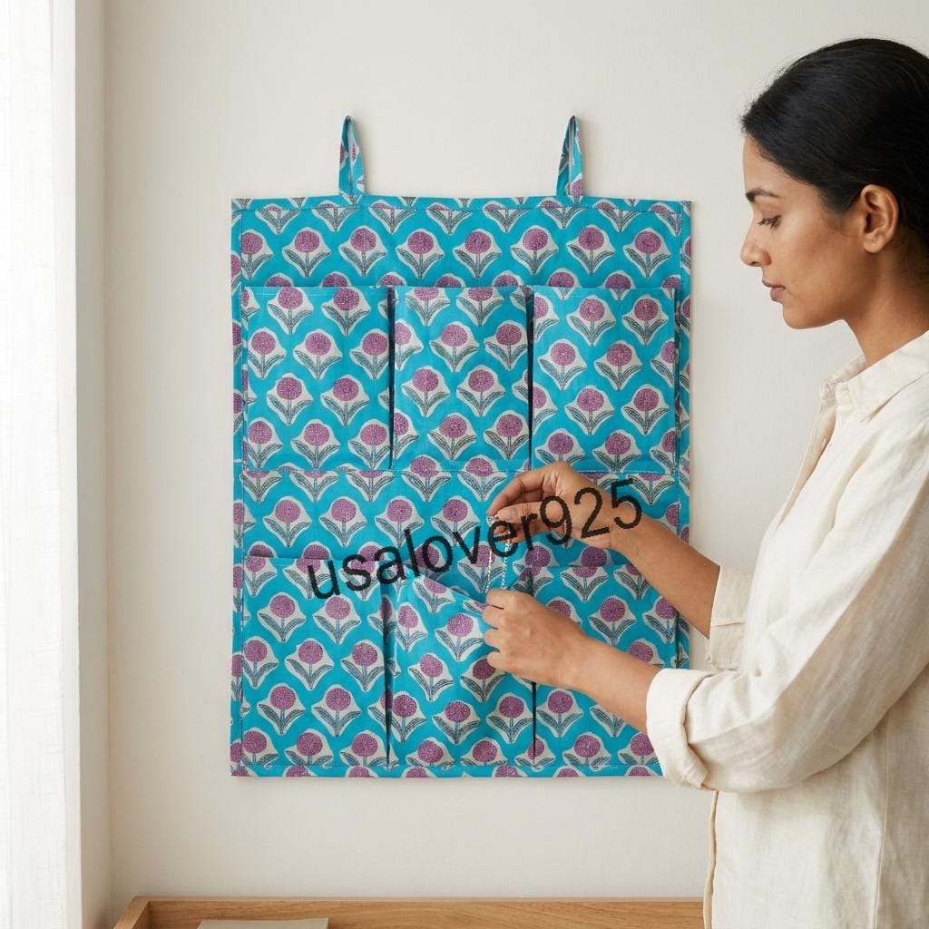 Handmade Cotton Hanging Wall Organizer, Turquoise Purple Floral 6 Pocket Storage Hanger, Door Organizer