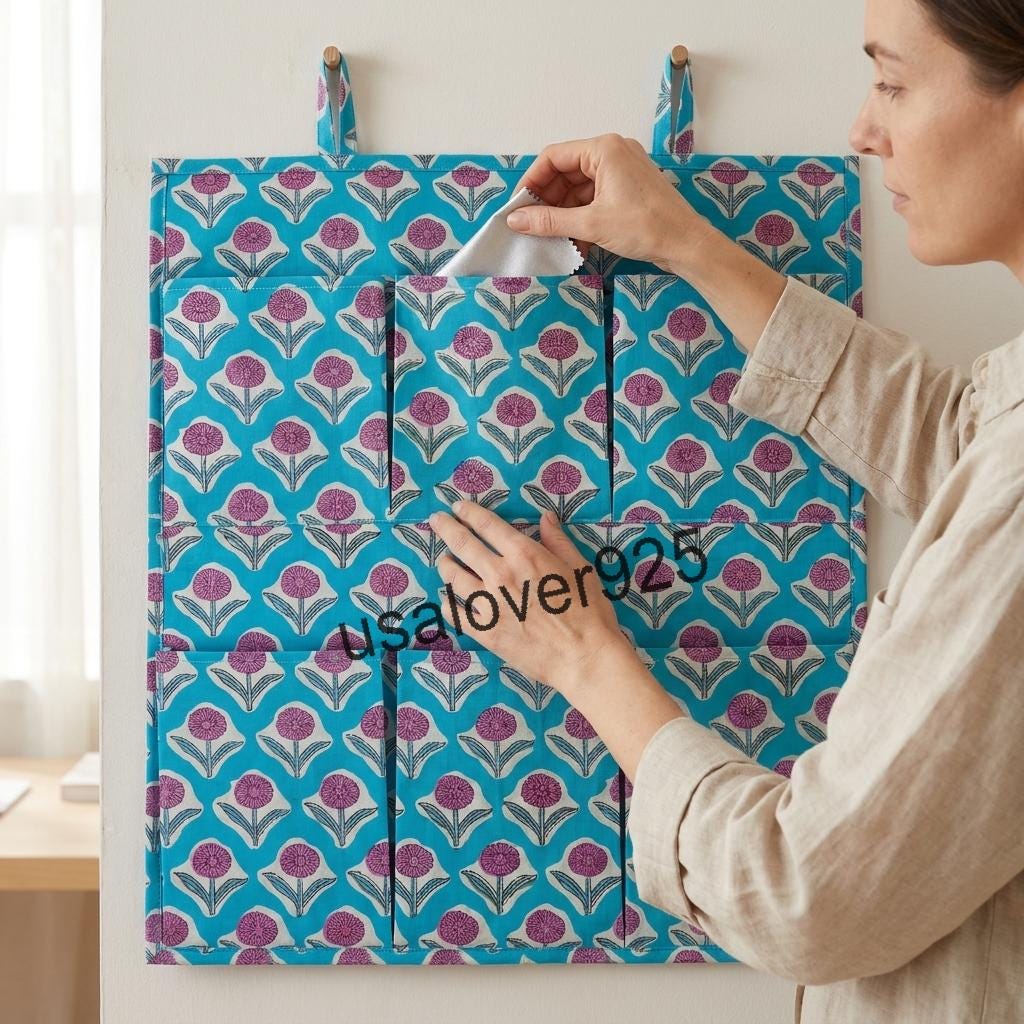 Handmade Cotton Hanging Wall Organizer, Turquoise Purple Floral 6 Pocket Storage Hanger, Door Organizer