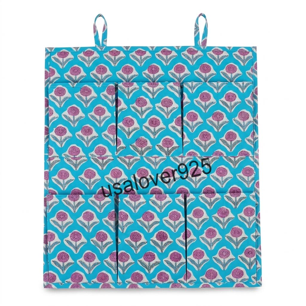Handmade Cotton Hanging Wall Organizer, Turquoise Purple Floral 6 Pocket Storage Hanger, Door Organizer