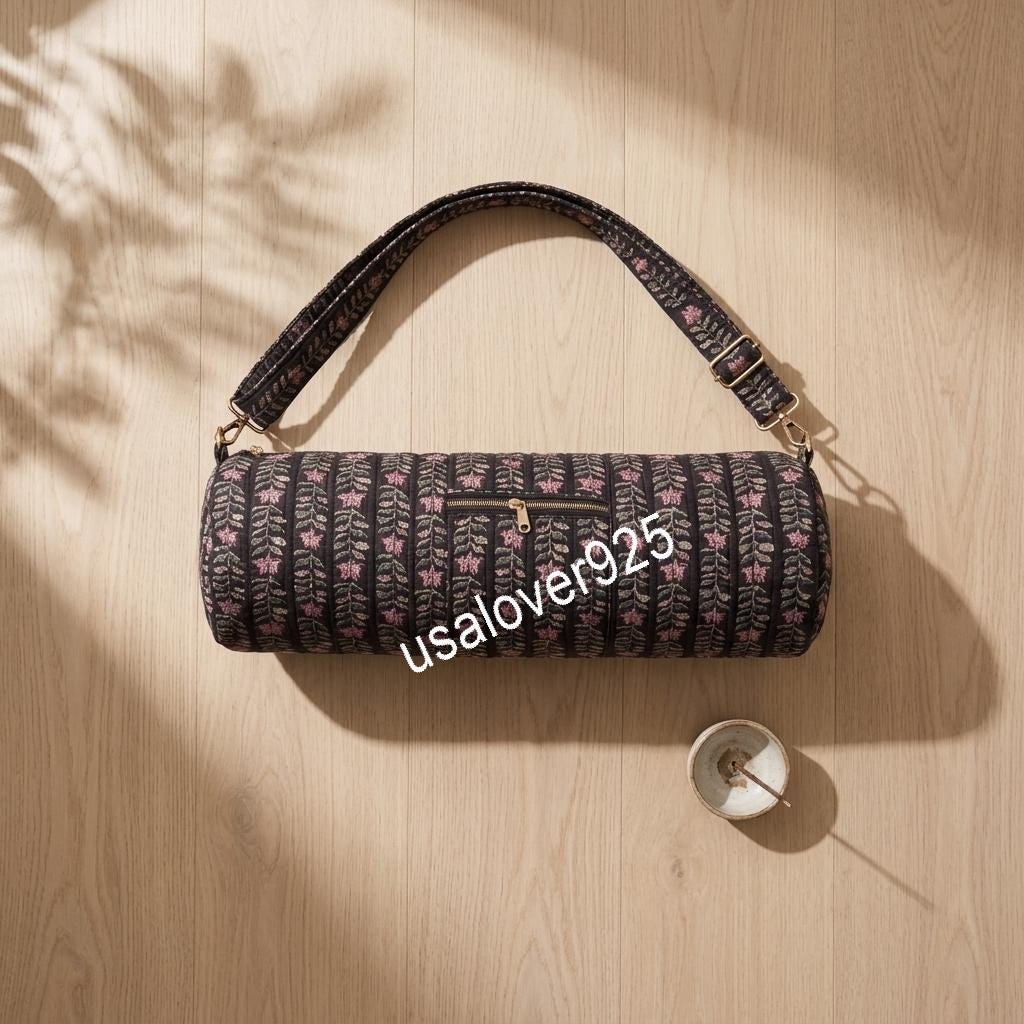 Quilted Yoga Mat Bag, Black Pink Floral Block Print Cotton Gym Tote
