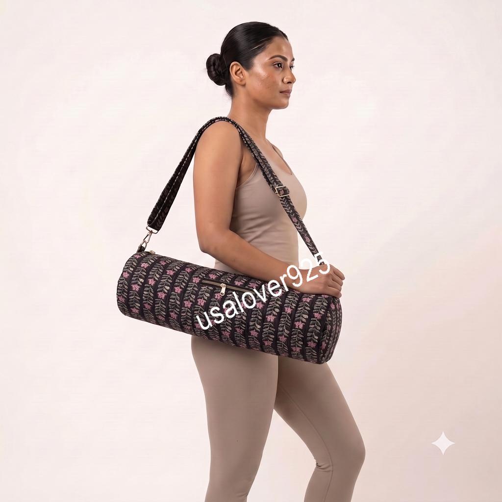 Quilted Yoga Mat Bag, Black Pink Floral Block Print Cotton Gym Tote