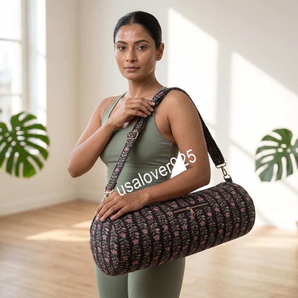 Quilted Yoga Mat Bag, Black Pink Floral Block Print Cotton Gym Tote
