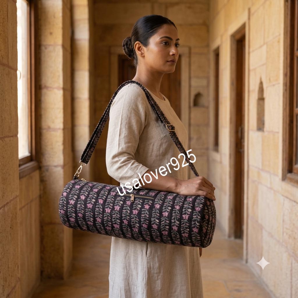 Quilted Yoga Mat Bag, Black Pink Floral Block Print Cotton Gym Tote