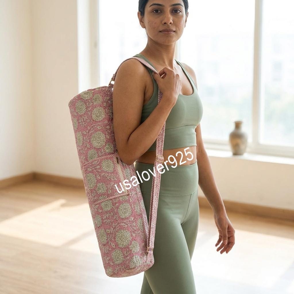 Quilted Yoga Mat Bag, Pink Floral Block Print Cotton, Handmade Pilates Gym Carrier