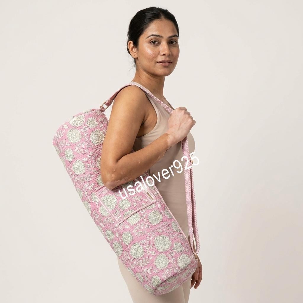 Quilted Yoga Mat Bag, Pink Floral Block Print Cotton, Handmade Pilates Gym Carrier