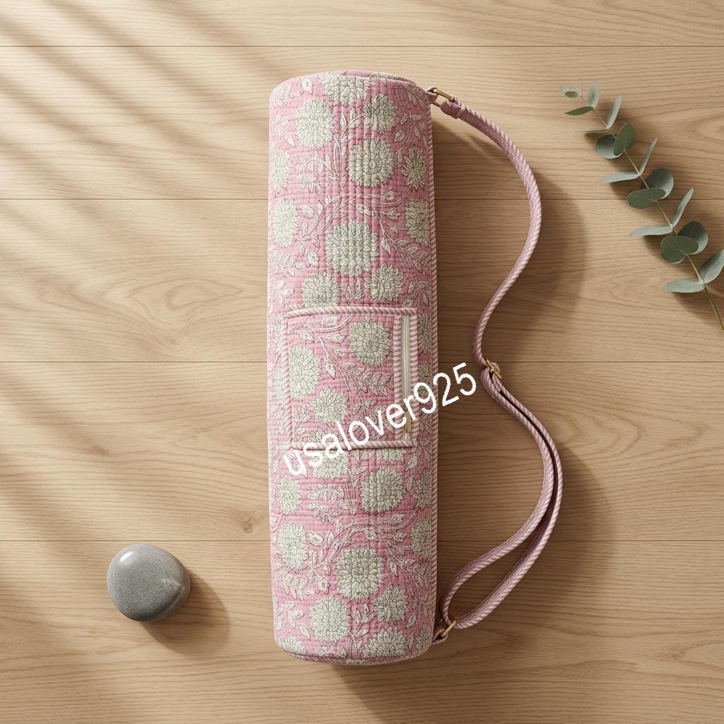 Quilted Yoga Mat Bag, Pink Floral Block Print Cotton, Handmade Pilates Gym Carrier