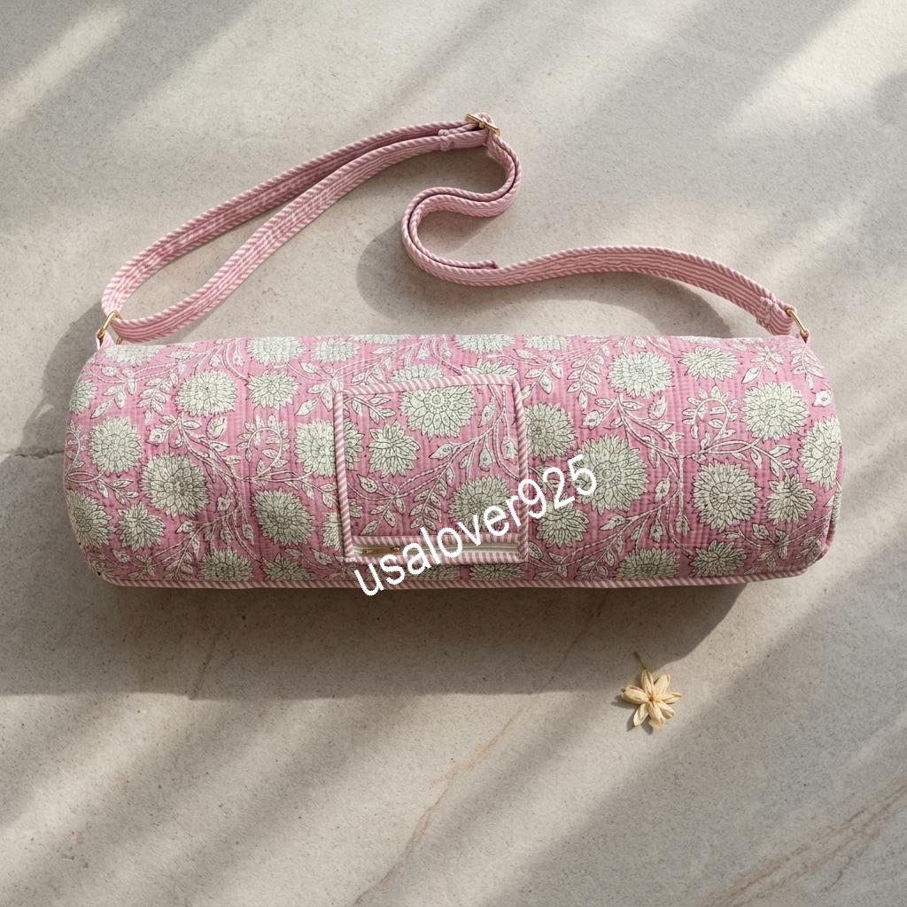 Quilted Yoga Mat Bag, Pink Floral Block Print Cotton, Handmade Pilates Gym Carrier
