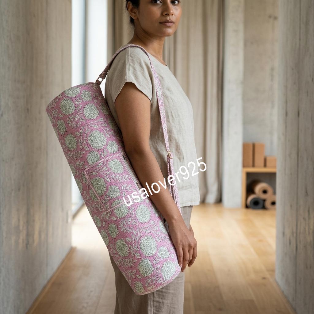 Quilted Yoga Mat Bag, Pink Floral Block Print Cotton, Handmade Pilates Gym Carrier