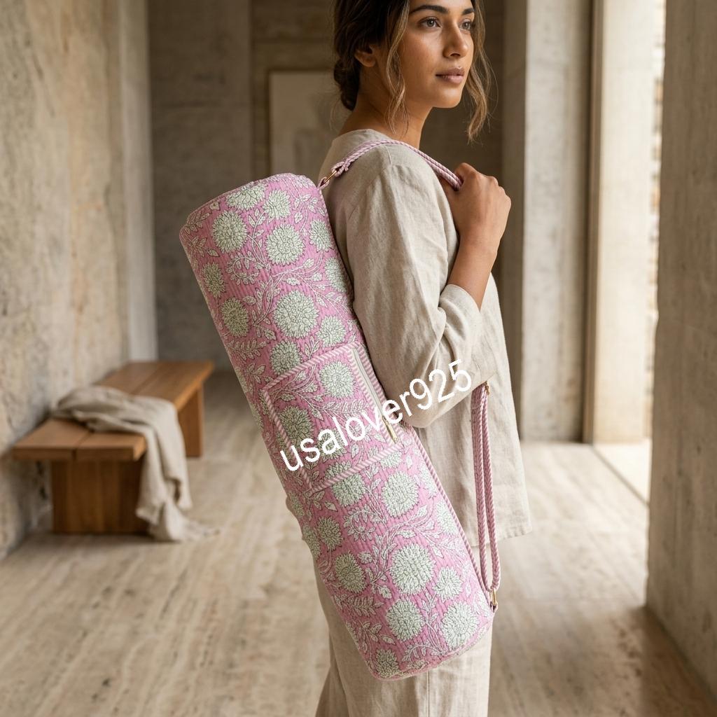 Quilted Yoga Mat Bag, Pink Floral Block Print Cotton, Handmade Pilates Gym Carrier