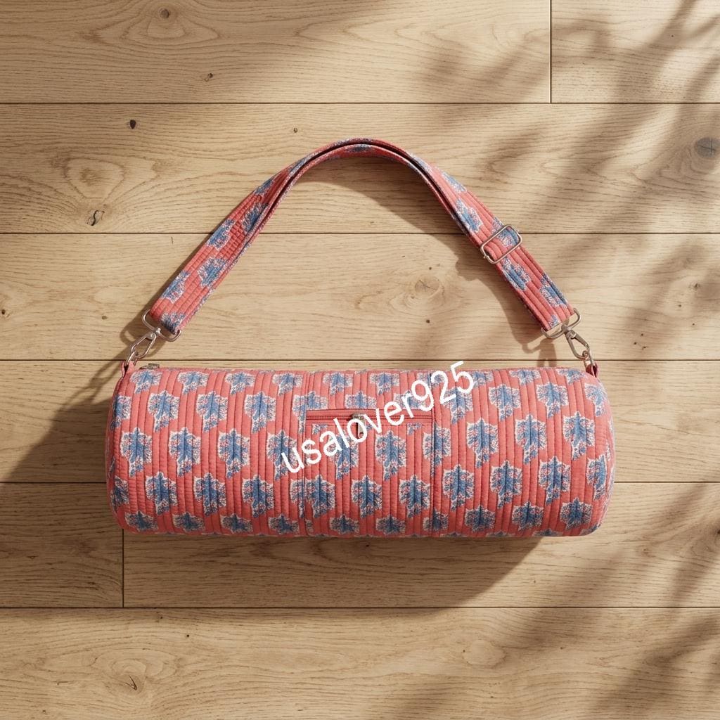 Quilted Yoga Mat Bag, Red Blue Floral Block Print Cotton Pilates Gym Carrier