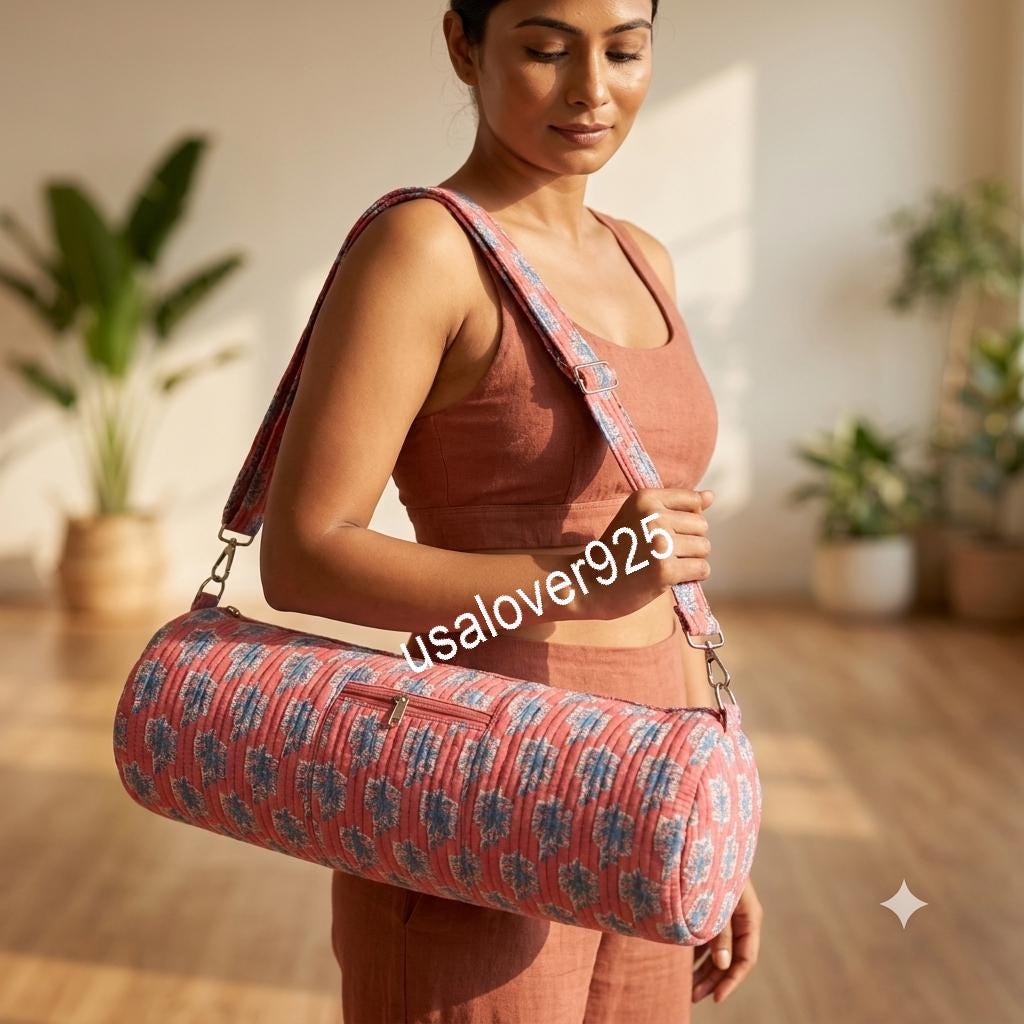 Quilted Yoga Mat Bag, Red Blue Floral Block Print Cotton Pilates Gym Carrier