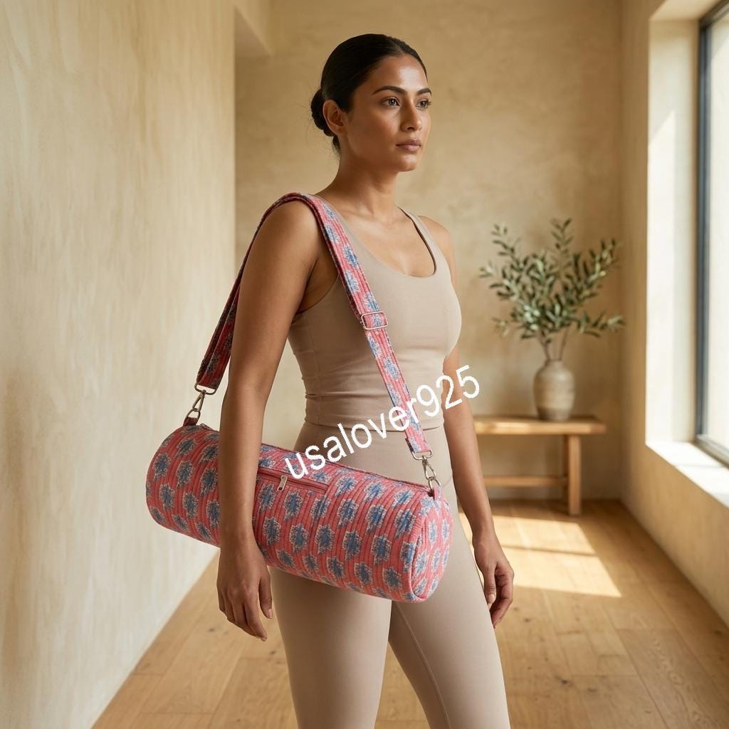 Quilted Yoga Mat Bag, Red Blue Floral Block Print Cotton Pilates Gym Carrier