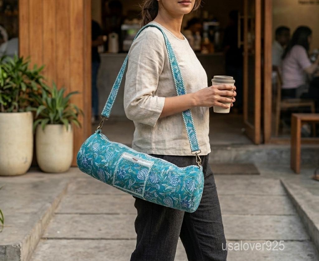 Handmade Quilted Cotton Yoga Mat Bag – Teal Floral Print Travel Duffle Bag