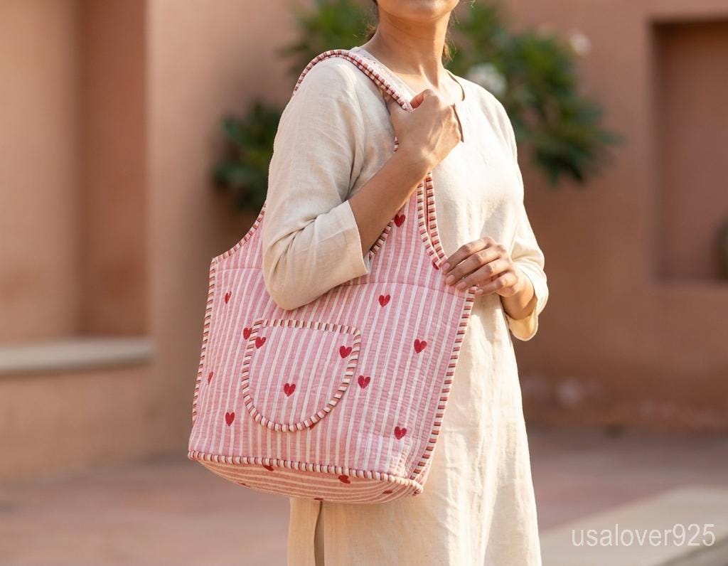 Handmade Quilted Cotton Tote Bag – Pink Heart Stripe Scoop Shoulder Bag
