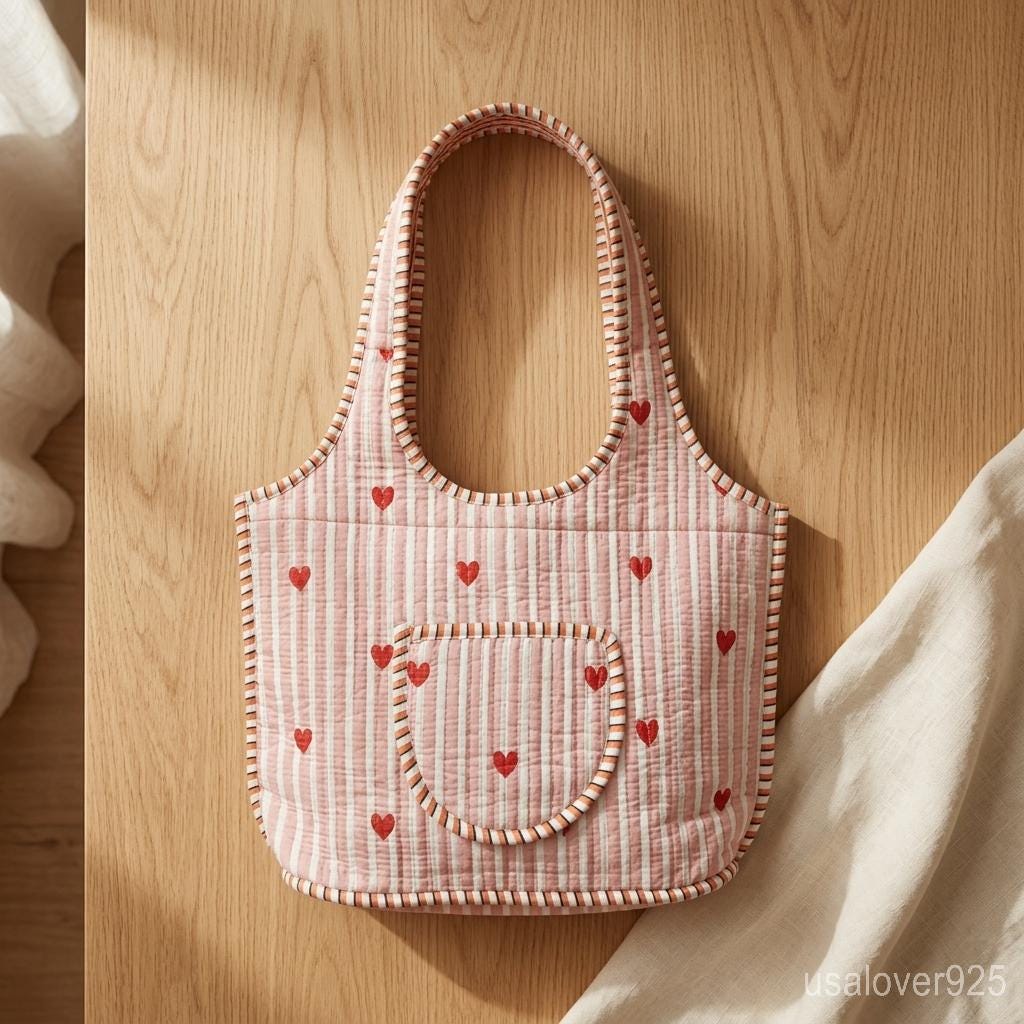 Handmade Quilted Cotton Tote Bag – Pink Heart Stripe Scoop Shoulder Bag