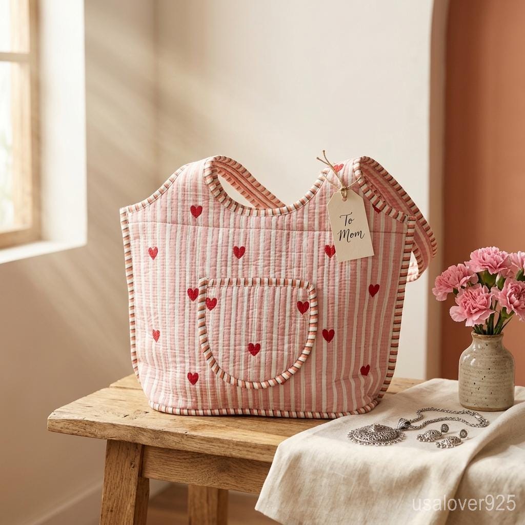 Handmade Quilted Cotton Tote Bag – Pink Heart Stripe Scoop Shoulder Bag