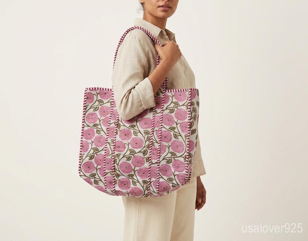 Handmade Quilted Cotton Tote Bag – Pink Floral Shoulder Bag