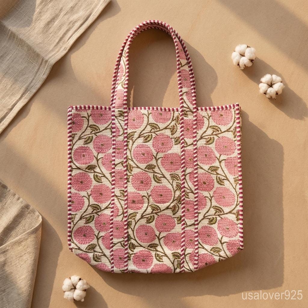 Handmade Quilted Cotton Tote Bag – Pink Floral Shoulder Bag