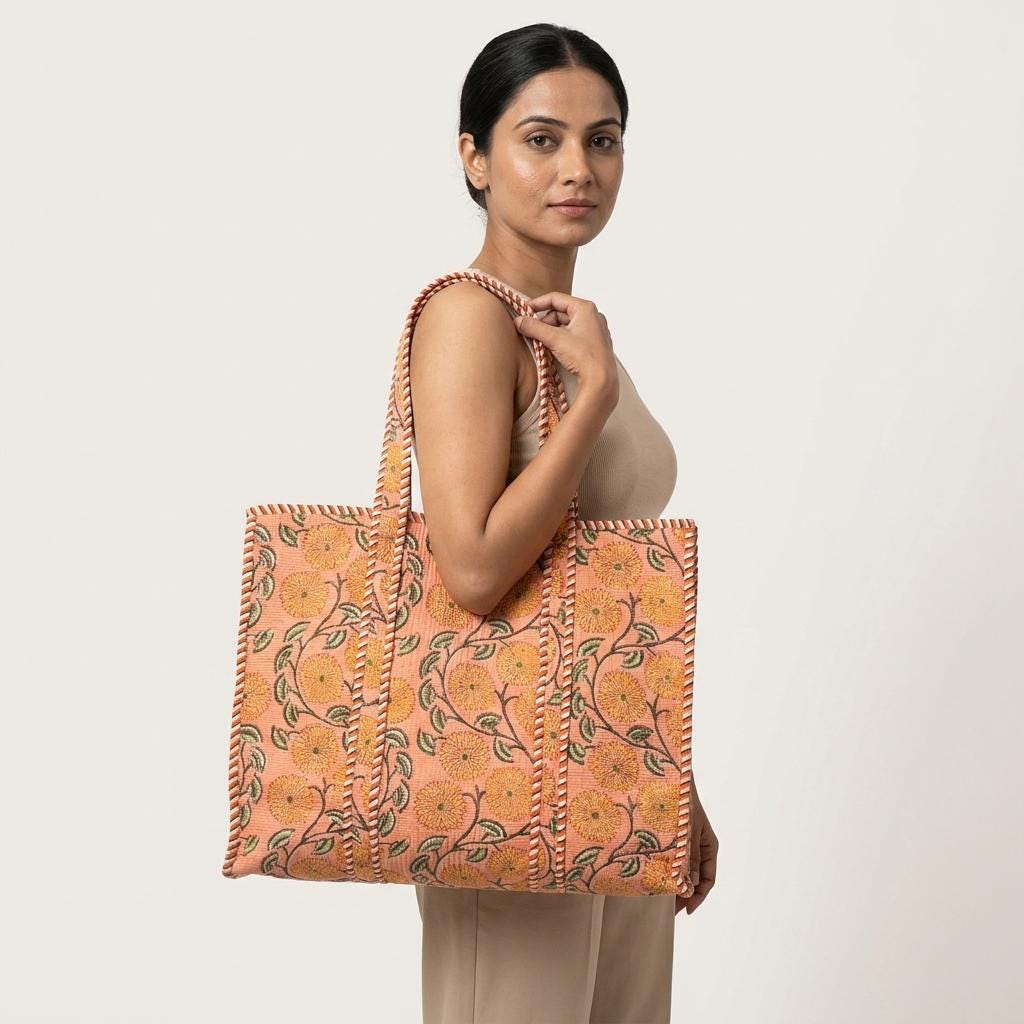 Handmade Quilted Cotton Tote Bag – Peach Floral Print Large Shoulder Bag