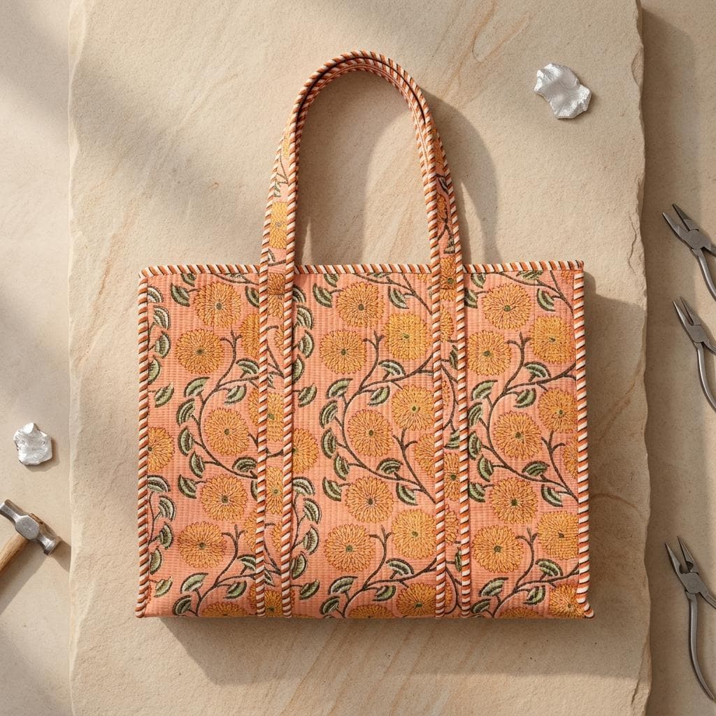Handmade Quilted Cotton Tote Bag – Peach Floral Print Large Shoulder Bag
