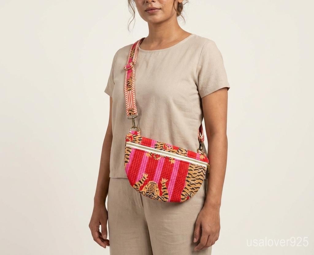 Quilted Cotton Crossbody Sling Bag – Pink Tiger Print Crescent Shoulder Bag