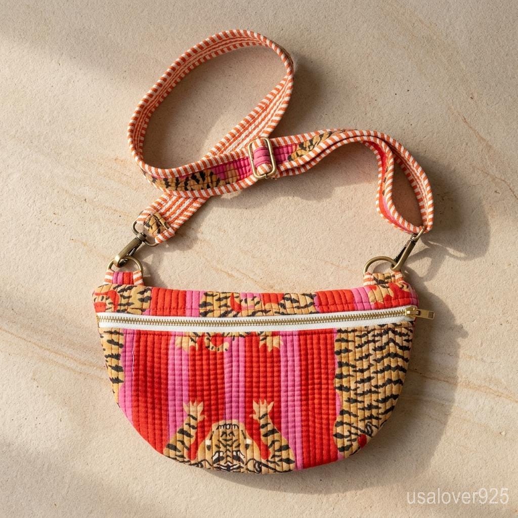 Quilted Cotton Crossbody Sling Bag – Pink Tiger Print Crescent Shoulder Bag
